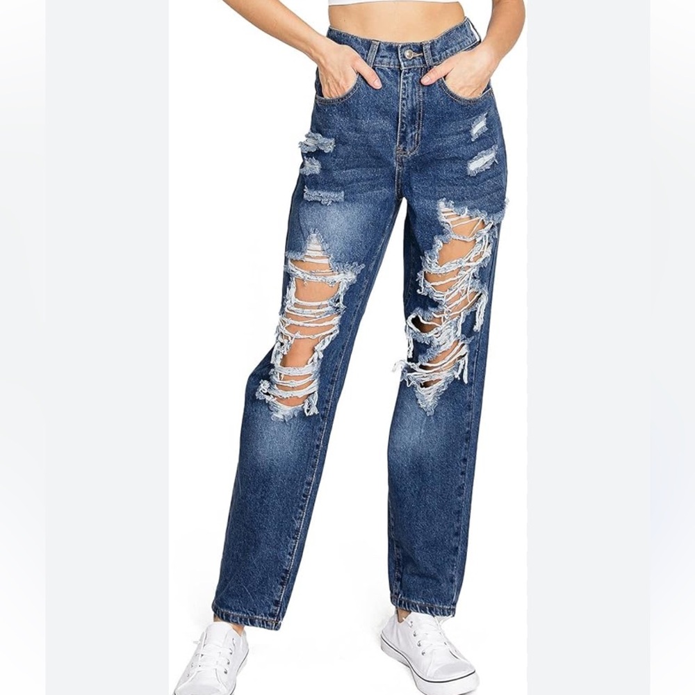 Wax Jeans High Waist Distressed Mom Jeans - Blue Size M